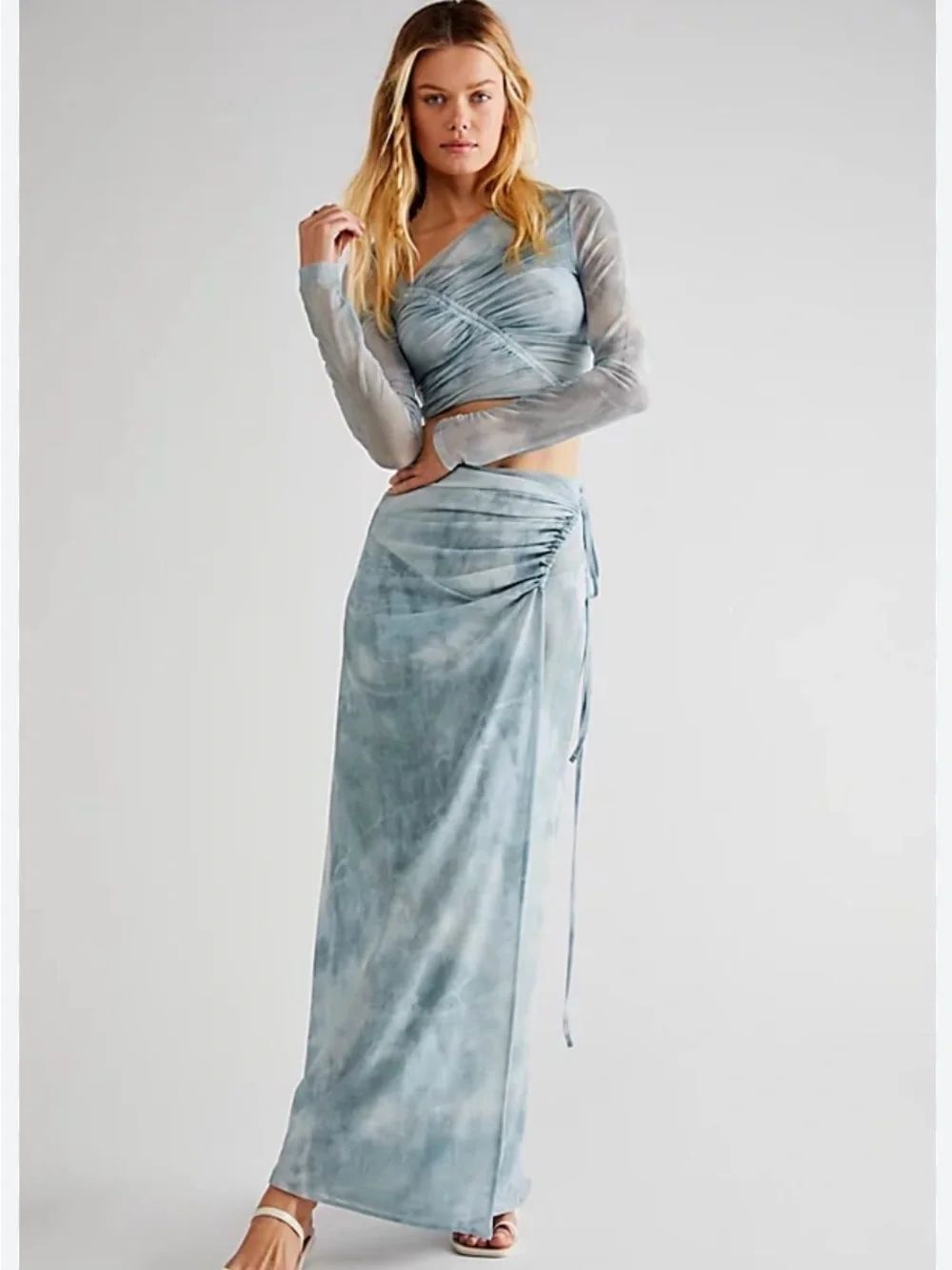 Free People Supernova Tie-Dye Light Blue Wrap Maxi Skirt